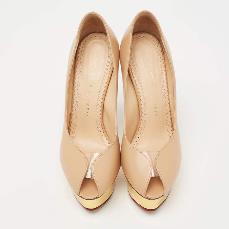 Pre Owned Charlotte Olympia Beige Leather Daphne Platform Pumps Size 35