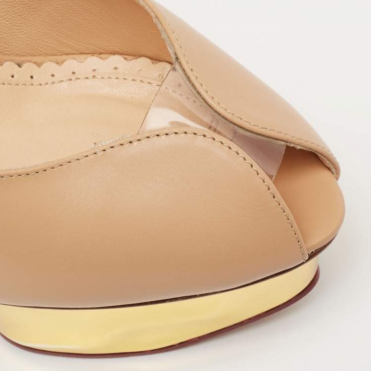 Pre Owned Charlotte Olympia Beige Leather Daphne Platform Pumps Size 35