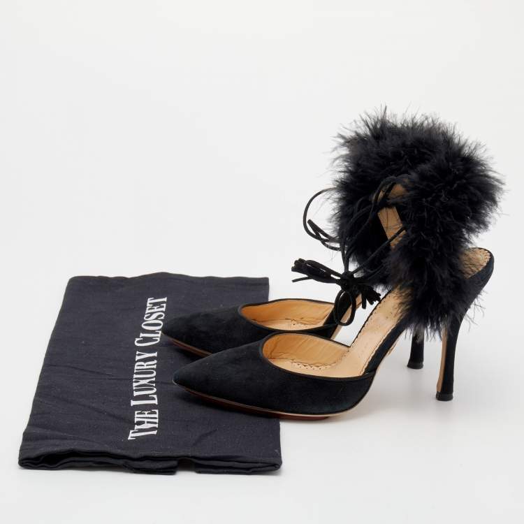 Pre Owned Charlotte Olympia Black Ostrich Feather and Suede Sandals Size 36
