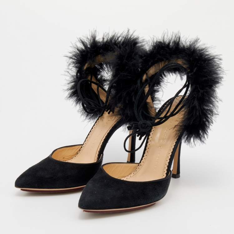 Pre Owned Charlotte Olympia Black Ostrich Feather and Suede Sandals Size 36