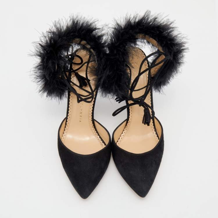 Pre Owned Charlotte Olympia Black Ostrich Feather and Suede Sandals Size 36
