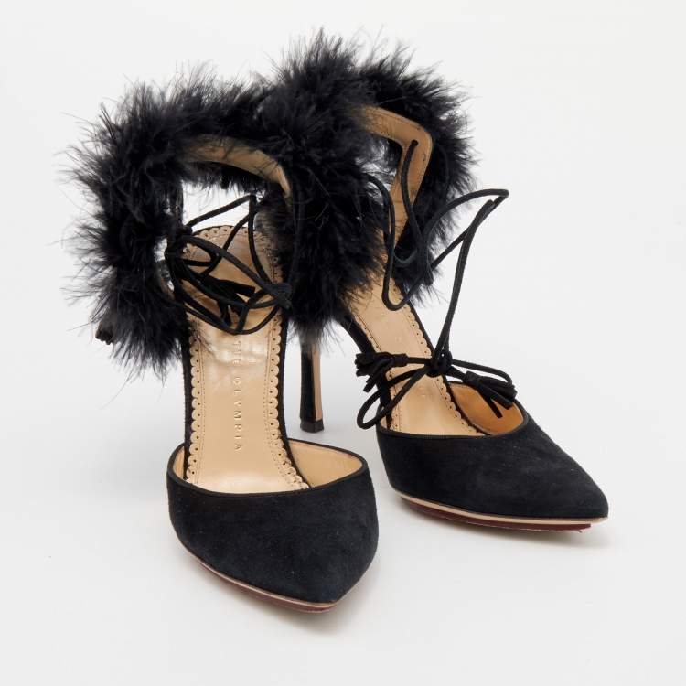 Pre Owned Charlotte Olympia Black Ostrich Feather and Suede Sandals Size 36