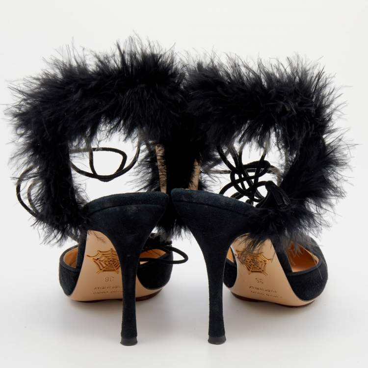 Pre Owned Charlotte Olympia Black Ostrich Feather and Suede Sandals Size 36