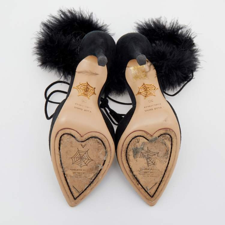 Pre Owned Charlotte Olympia Black Ostrich Feather and Suede Sandals Size 36