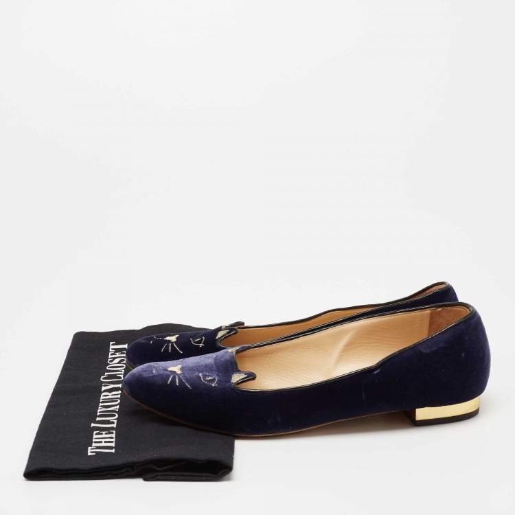 Pre Owned Charlotte Olympia Blue Velvet Kitty Flats Size 41