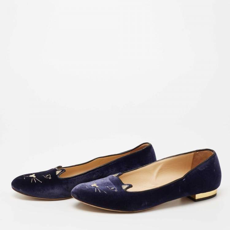 Pre Owned Charlotte Olympia Blue Velvet Kitty Flats Size 41