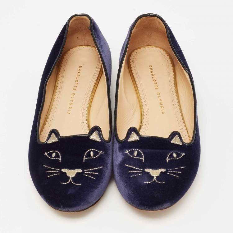 Pre Owned Charlotte Olympia Blue Velvet Kitty Flats Size 41
