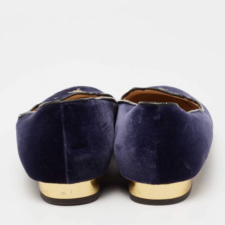 Pre Owned Charlotte Olympia Blue Velvet Kitty Flats Size 41