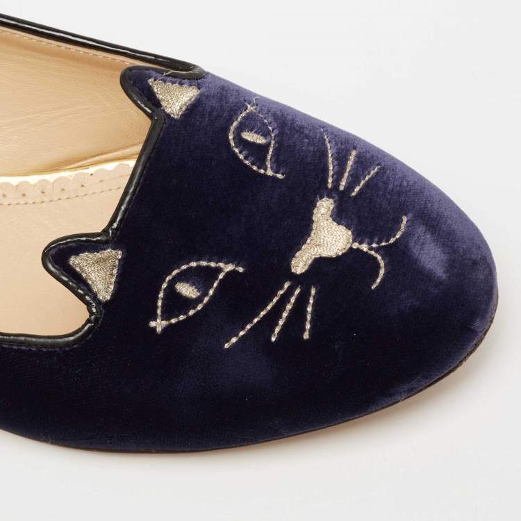 Pre Owned Charlotte Olympia Blue Velvet Kitty Flats Size 41