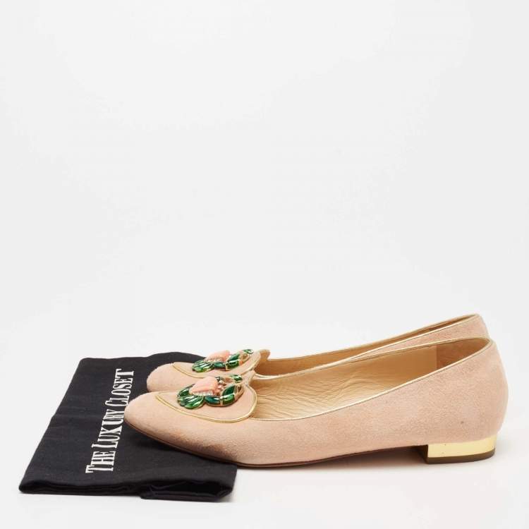Pre Owned Charlotte Olympia Peach Suede Birthday Zodiac Cancer Ballet Flats Size 41