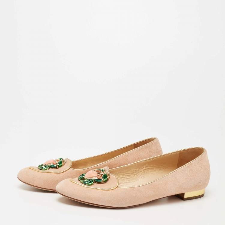 Pre Owned Charlotte Olympia Peach Suede Birthday Zodiac Cancer Ballet Flats Size 41