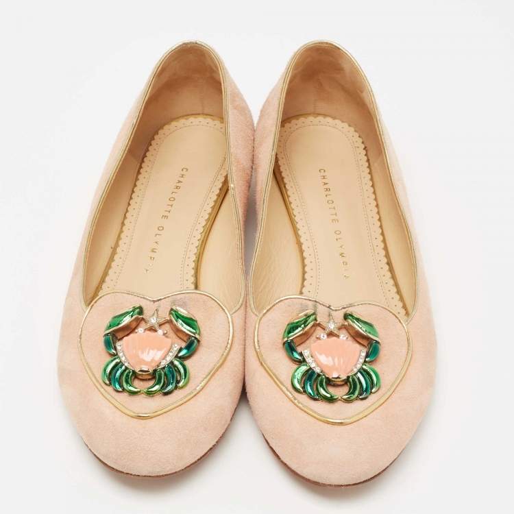 Pre Owned Charlotte Olympia Peach Suede Birthday Zodiac Cancer Ballet Flats Size 41