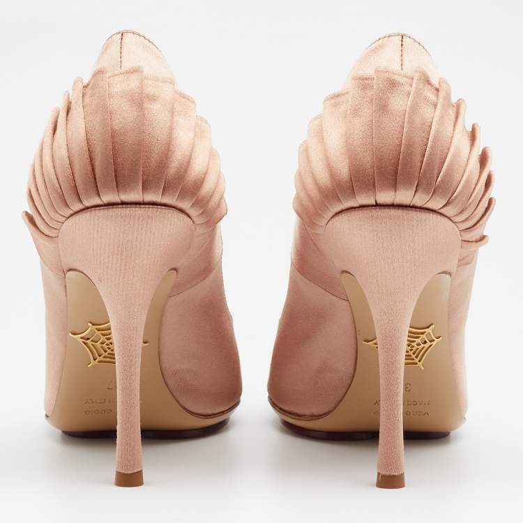 Pre Owned Charlotte Olympia Beige Satin Blake Pleated Pumps Size 37
