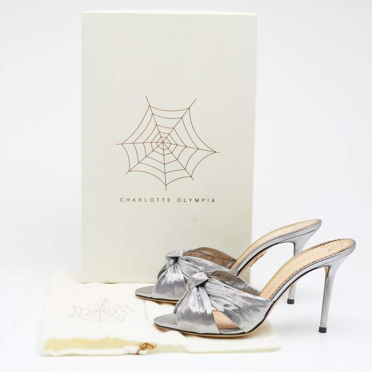Pre Owned Charlotte Olympia Metallic Silver Fabric Farrah Knot Sandals Size 38