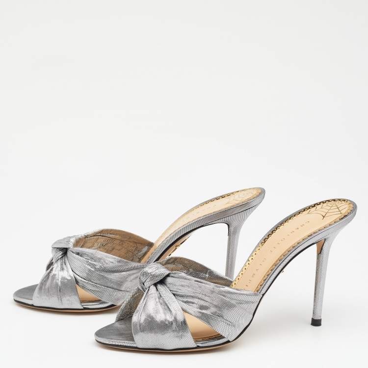 Pre Owned Charlotte Olympia Metallic Silver Fabric Farrah Knot Sandals Size 38