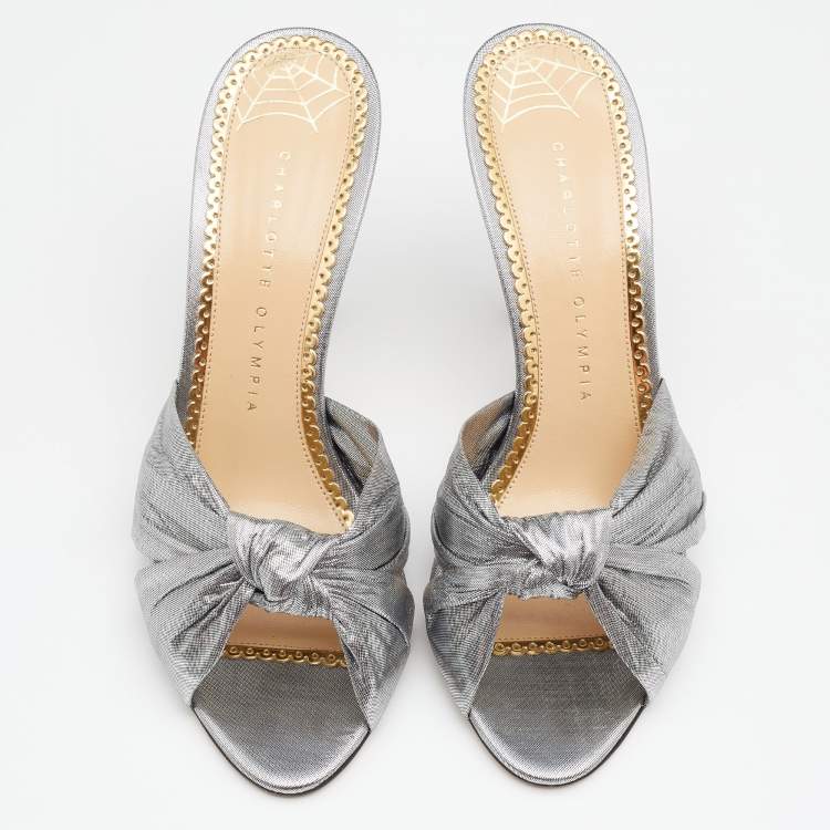 Pre Owned Charlotte Olympia Metallic Silver Fabric Farrah Knot Sandals Size 38