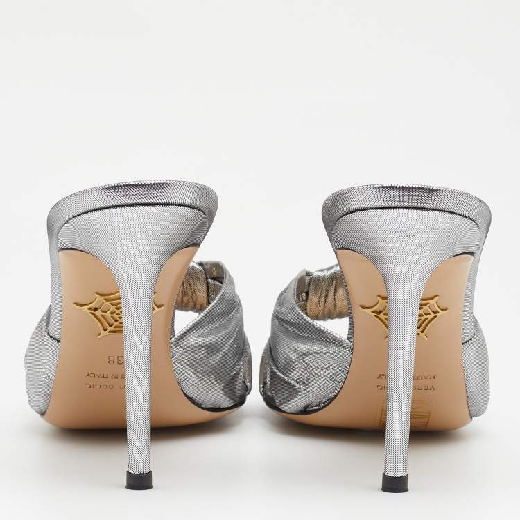Pre Owned Charlotte Olympia Metallic Silver Fabric Farrah Knot Sandals Size 38