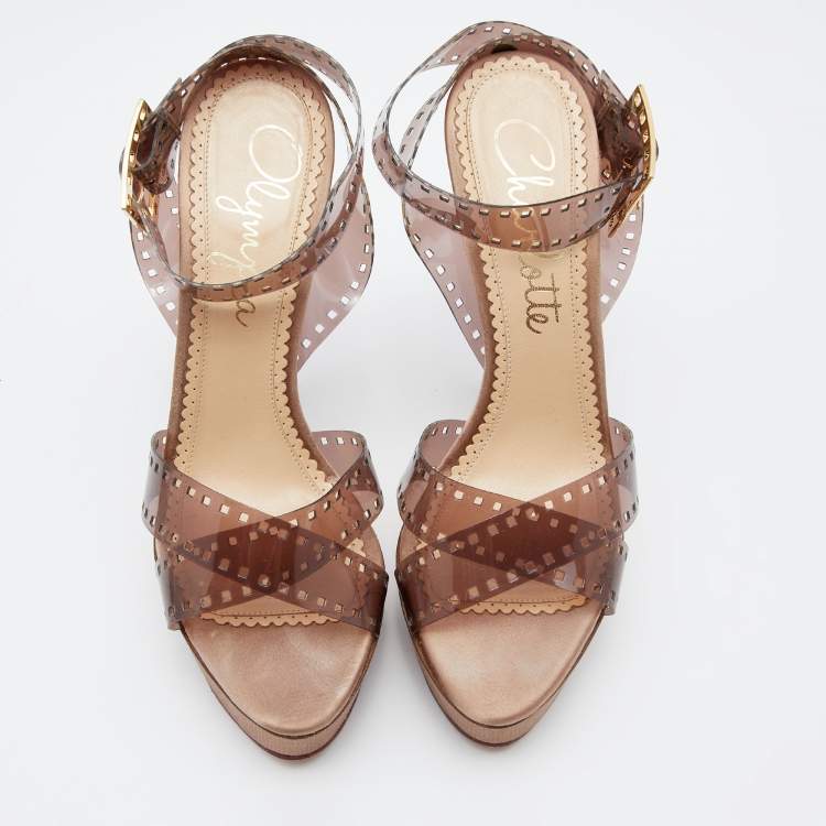 Pre Owned Charlotte Olympia Beige Vinyl Girls On Film Platform Sandals Size 40