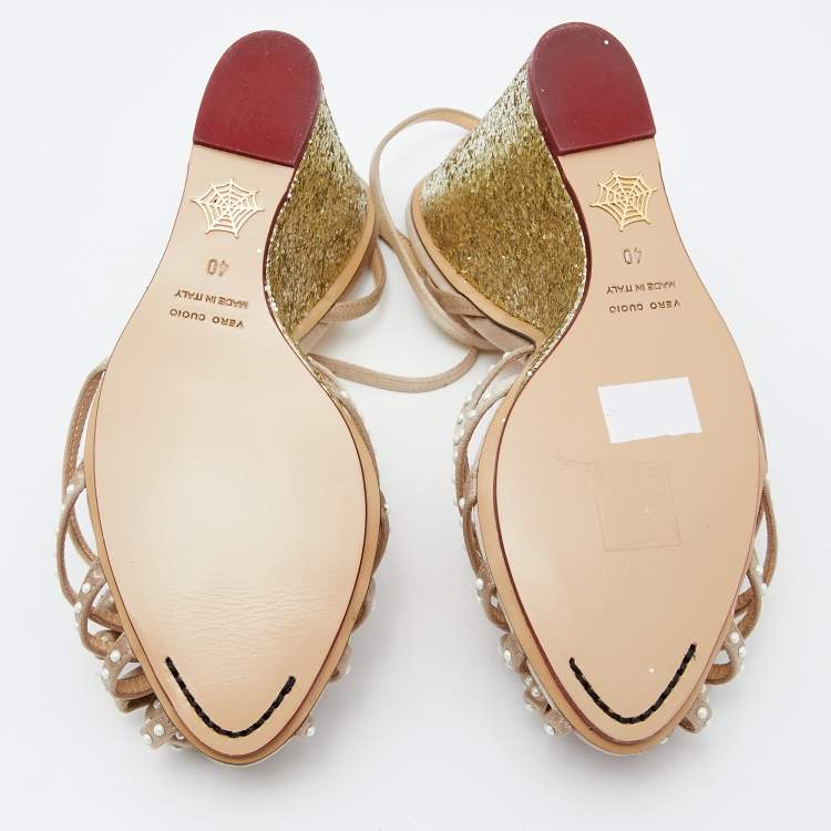 مملوكة مسبقًا Charlotte Olympia Beige Satin Embellished Wedge Sandals Size 40
