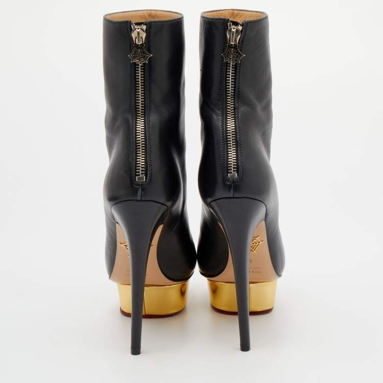 Pre Owned Charlotte Olympia Black Leather Ankle Length Boots Size 37