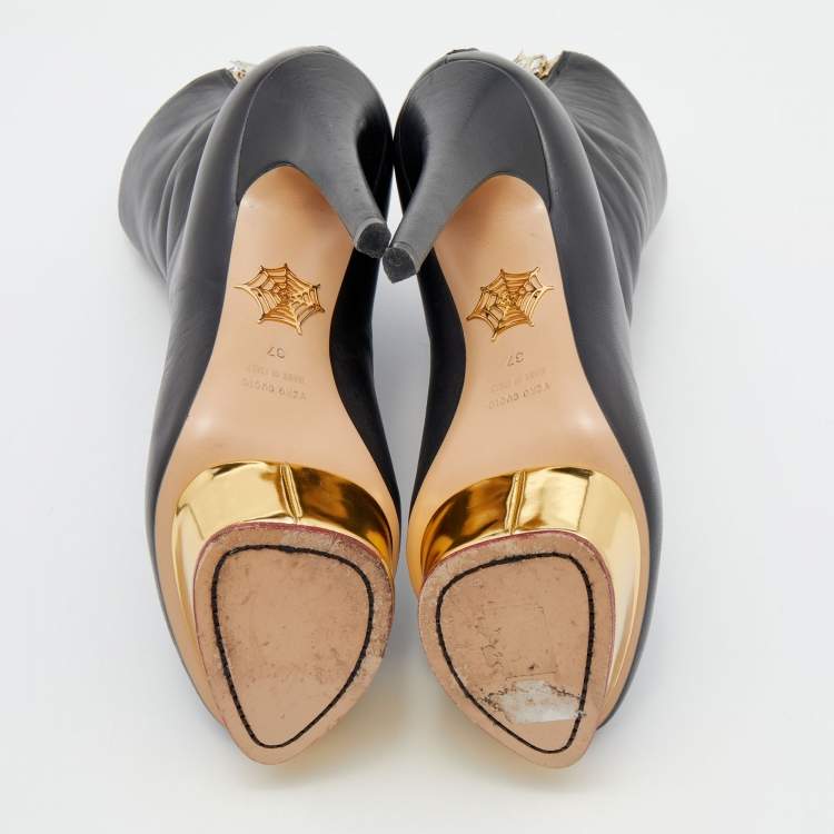 Pre Owned Charlotte Olympia Black Leather Ankle Length Boots Size 37
