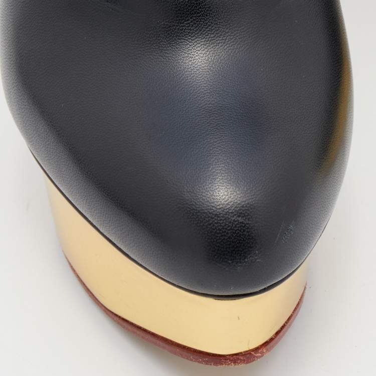Pre Owned Charlotte Olympia Black Leather Ankle Length Boots Size 37