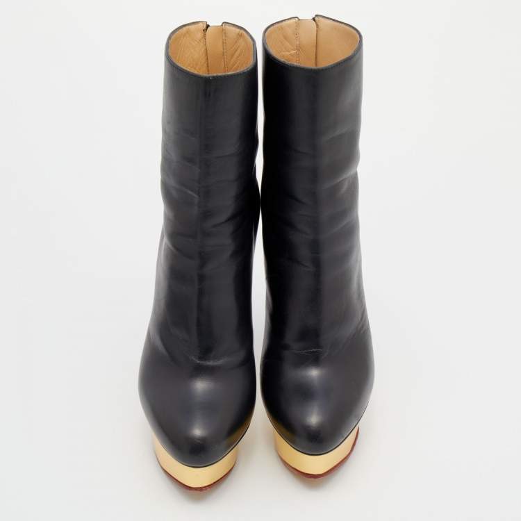 Pre Owned Charlotte Olympia Black Leather Ankle Length Boots Size 37