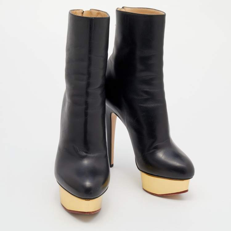 Pre Owned Charlotte Olympia Black Leather Ankle Length Boots Size 37