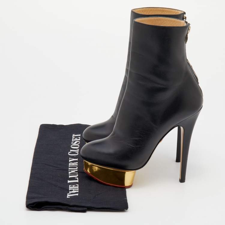 Pre Owned Charlotte Olympia Black Leather Ankle Length Boots Size 37