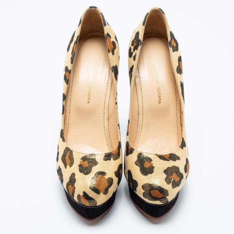 Pre Owned Charlotte Olympia Gold Leopard Print Glitter Suede Dolly  Pumps Size 39