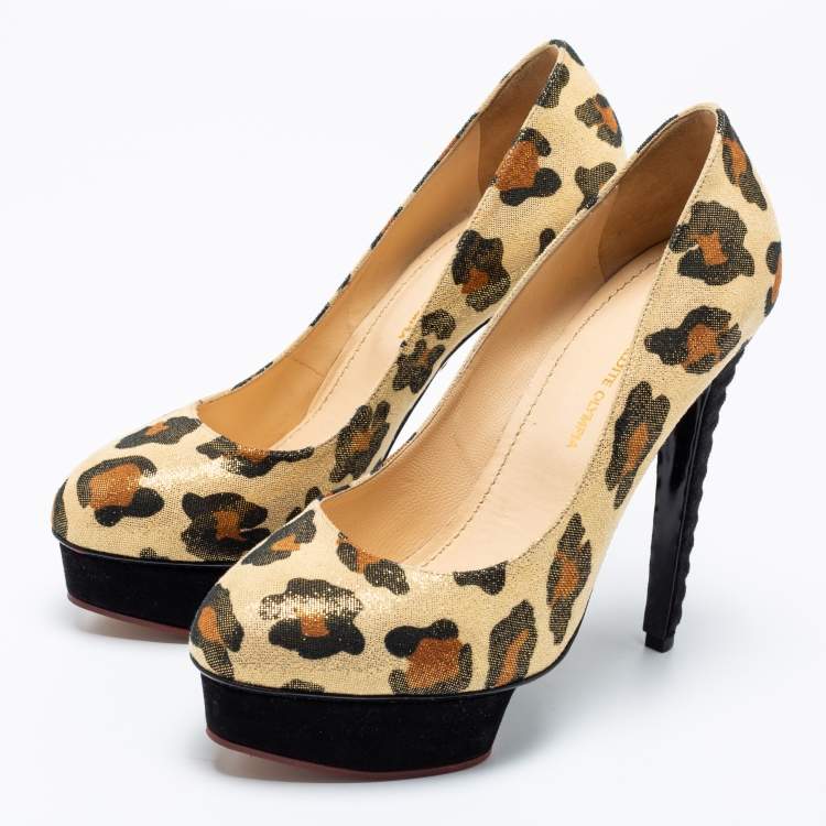 Pre Owned Charlotte Olympia Gold Leopard Print Glitter Suede Dolly  Pumps Size 39