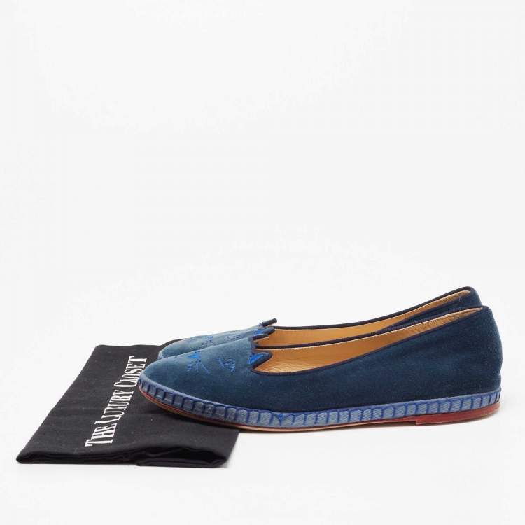 Pre Owned Charlotte Olympia Blue Velvet Kitty Smoking Slippers Size 39
