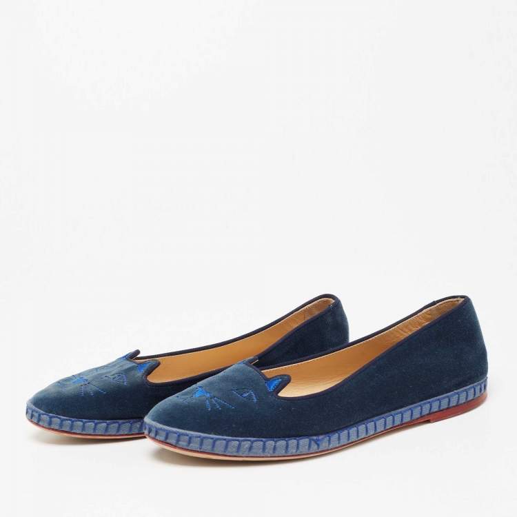 Pre Owned Charlotte Olympia Blue Velvet Kitty Smoking Slippers Size 39