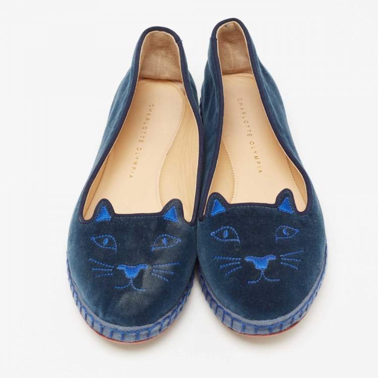 Pre Owned Charlotte Olympia Blue Velvet Kitty Smoking Slippers Size 39