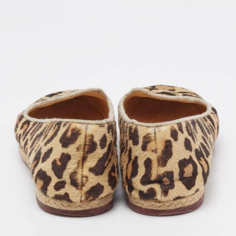 Pre Owned Charlotte Olympia Beige/Brown Leopard Print Calf Hair kitty Flats Size 39