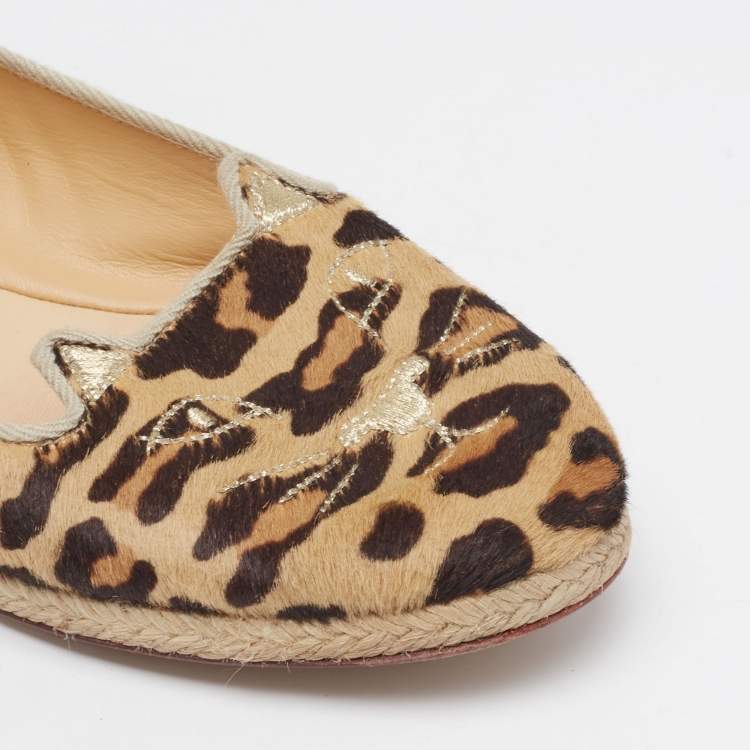 Pre Owned Charlotte Olympia Beige/Brown Leopard Print Calf Hair kitty Flats Size 39