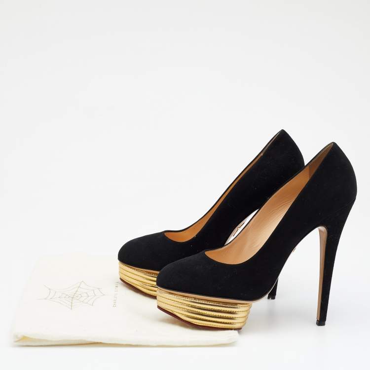 Pre Owned Charlotte Olympia Black Suede Dolly Platform Pumps Size 41