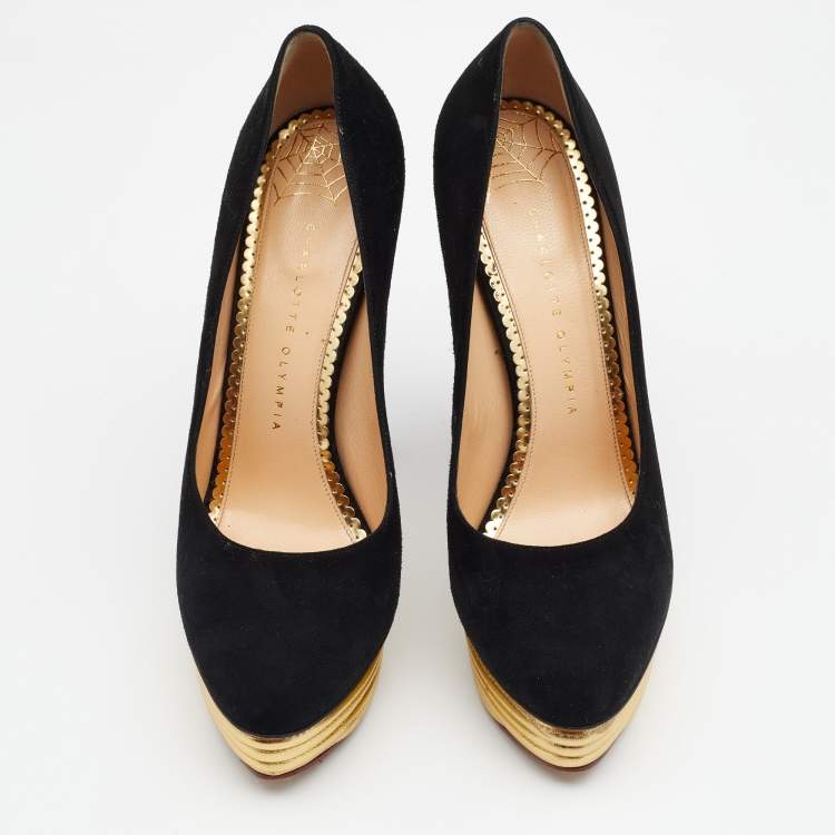 Pre Owned Charlotte Olympia Black Suede Dolly Platform Pumps Size 41