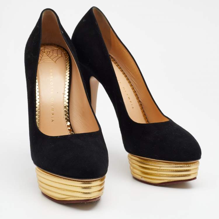 Pre Owned Charlotte Olympia Black Suede Dolly Platform Pumps Size 41
