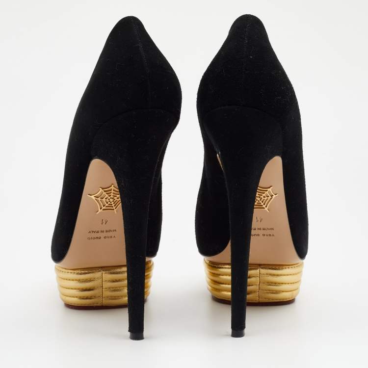Pre Owned Charlotte Olympia Black Suede Dolly Platform Pumps Size 41