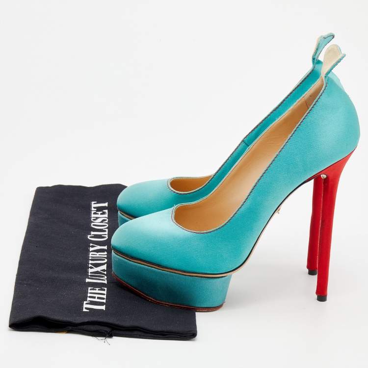 Pre Owned Charlotte Olympia Turquoise/Red Satin Josephine Platform Pumps Size 38
