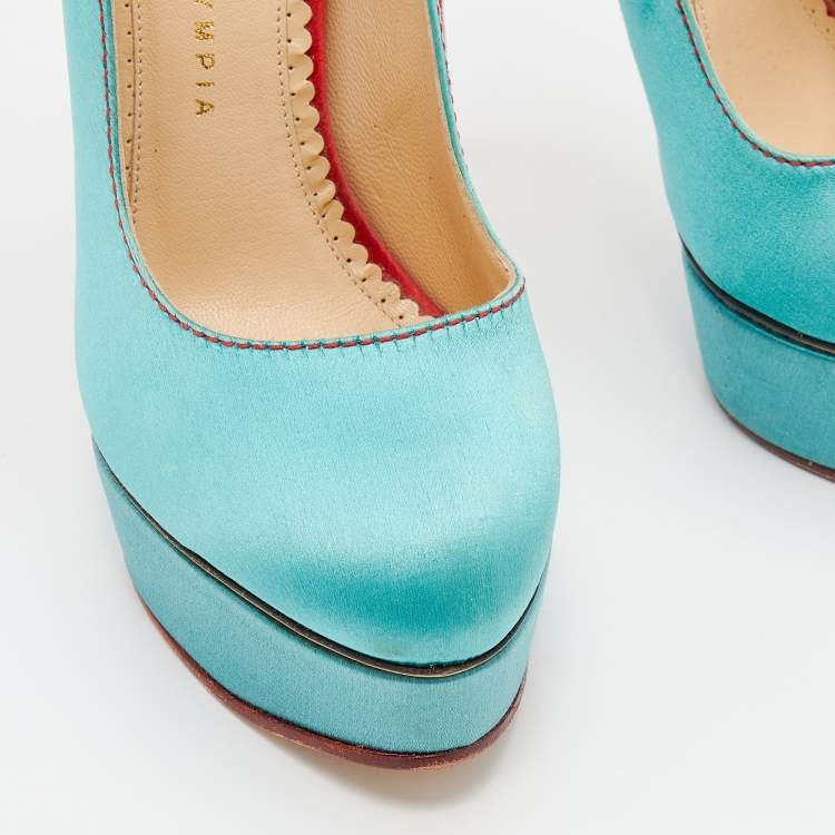 Pre Owned Charlotte Olympia Turquoise/Red Satin Josephine Platform Pumps Size 38