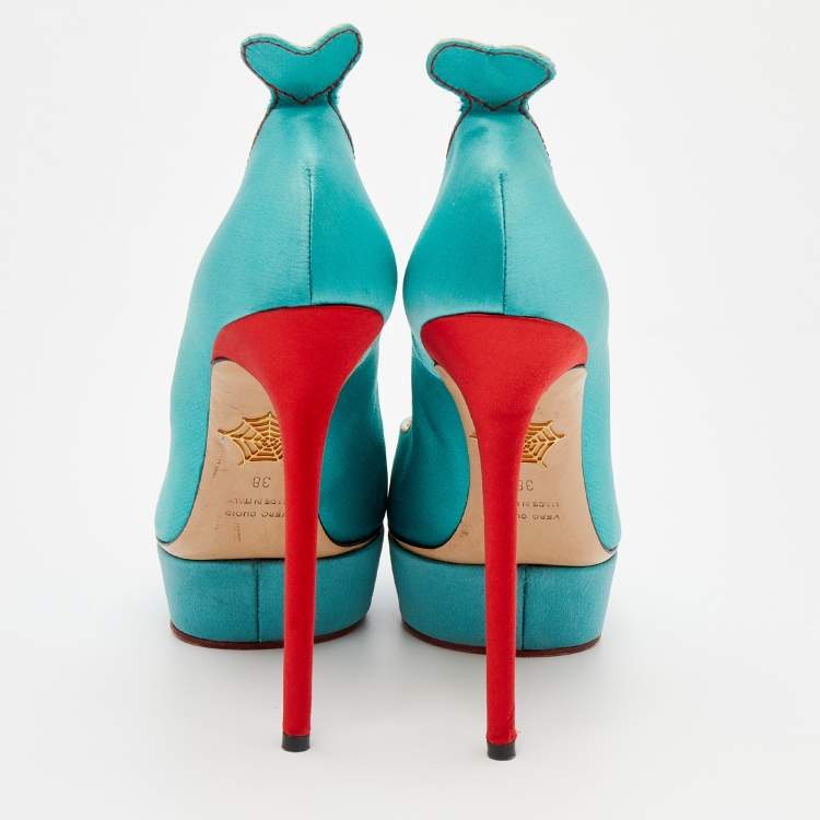 Pre Owned Charlotte Olympia Turquoise/Red Satin Josephine Platform Pumps Size 38