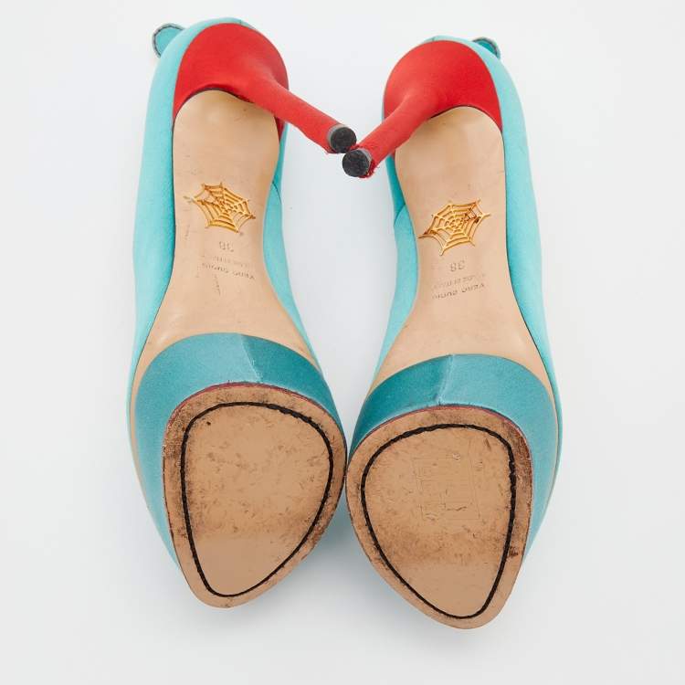 Pre Owned Charlotte Olympia Turquoise/Red Satin Josephine Platform Pumps Size 38