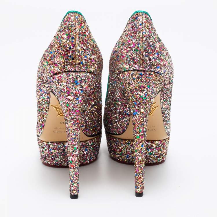 Pre Owned Charlotte Olympia Multicolor Glitter Priscilla Platform Pumps Size 38