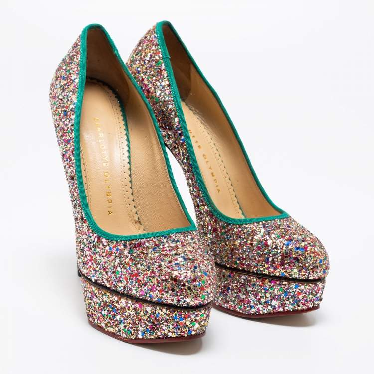 Pre Owned Charlotte Olympia Multicolor Glitter Priscilla Platform Pumps Size 38
