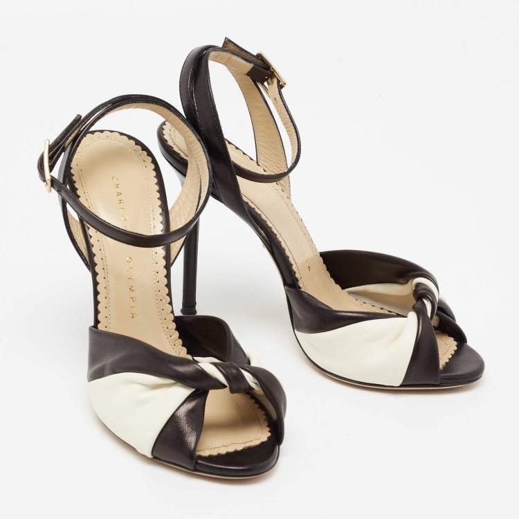 Pre Owned Charlotte Olympia Black/White Leather Do The Twist Ankle Strap Sandals Size 37