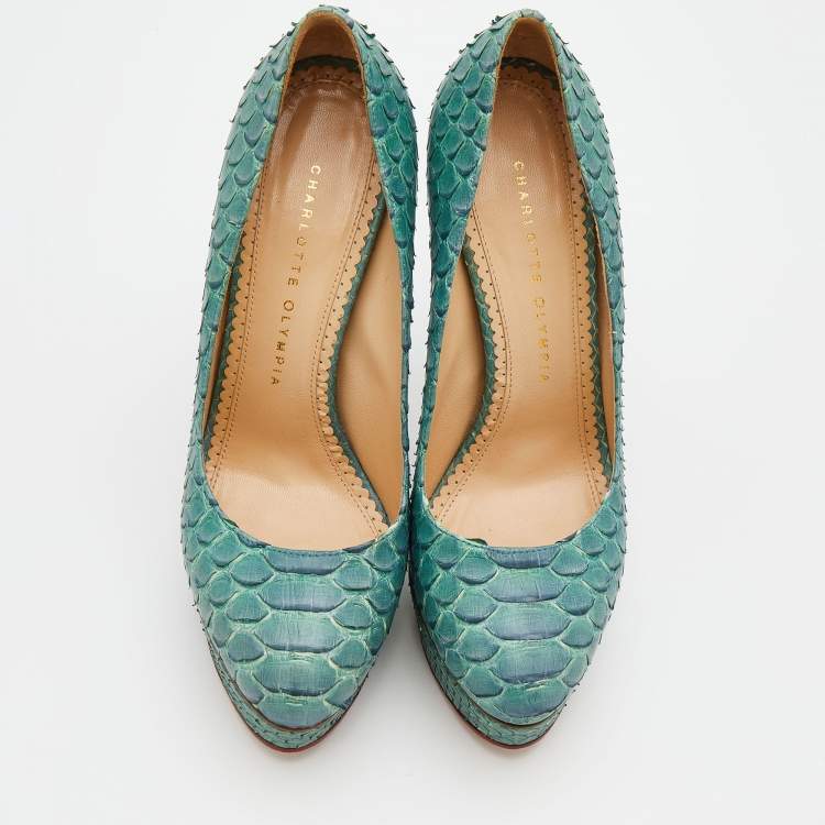 Pre Owned Charlotte Olympia Turquoise Blue Python Leather Priscilla Platform Pumps Size 38