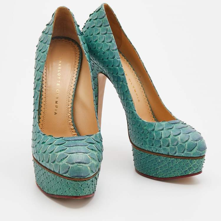 Pre Owned Charlotte Olympia Turquoise Blue Python Leather Priscilla Platform Pumps Size 38