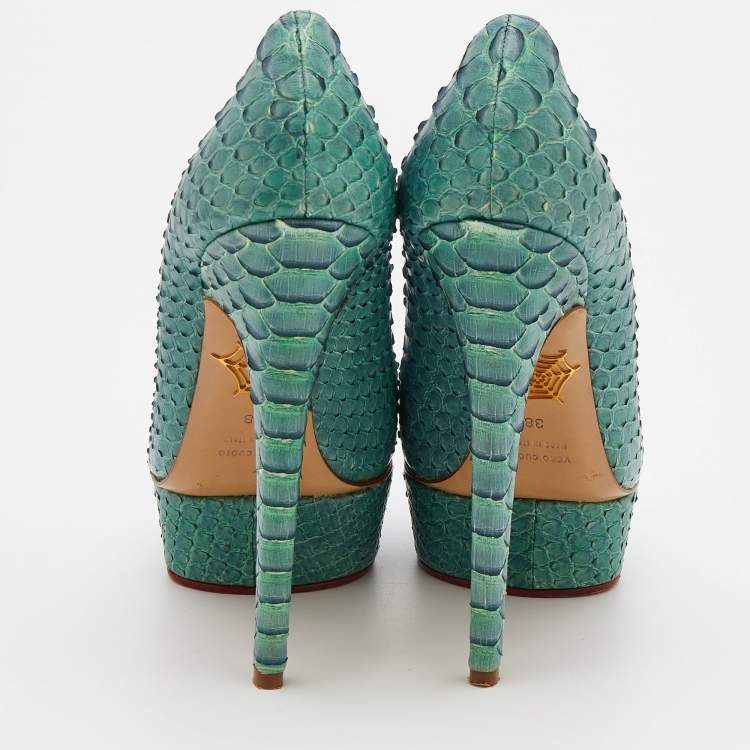 Pre Owned Charlotte Olympia Turquoise Blue Python Leather Priscilla Platform Pumps Size 38